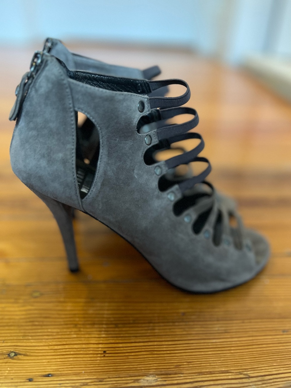 Stuart Weitzman Gray Suede Lace-Strap Stiletto Bootie